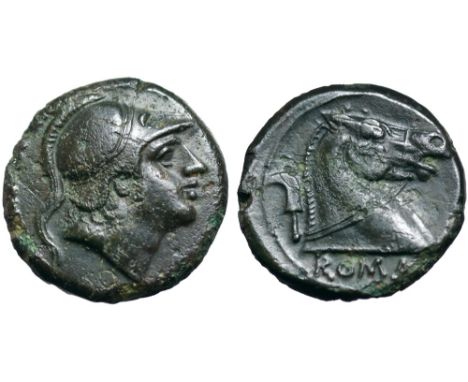 Anonymous Ӕ Litra. Rome, circa 241-235 BC. Head of beardless Mars right, wearing Corinthian helmet / Horse's head right; sick