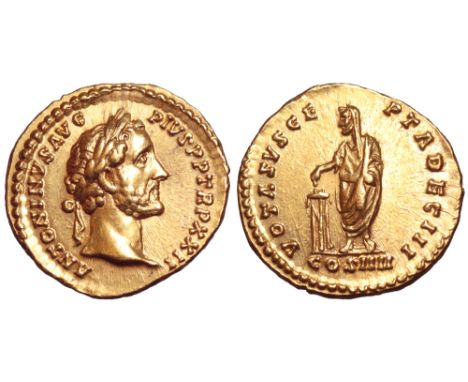 Antoninus Pius AV Aureus. Rome, AD 158-159. ANTONINVS AVG PIVS P P TR P XXII, laureate head right / VOTA SVSCEPTA DEC III, An