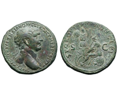 Trajan Æ Sestertius. Rome, AD 103-111. IMP CAES NERVAE TRAIANO AVG GER DAC P M TR P COS V P P, laureate head right, with drap