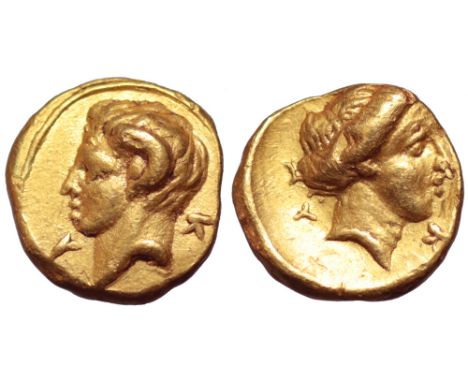Kyrenaika, Kyrene AV 1/10 Stater. Circa 322-313 BC. KY..., magistrate. Head of Apollo Karneios left, with Horn of Ammon; K-Y 