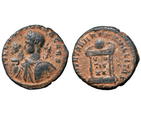 Crispus, as Caesar, Æ Nummus. Treveri, AD 323. [IVL CRISPVS] NOB CAES, laureate, draped and cuirassed half-length bust left, 