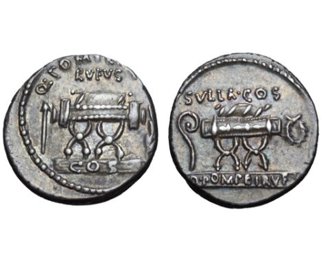 Q. Pompeius Rufus AR Denarius. Rome, 54 BC. Curule chair flanked by arrow and laurel-branch; Q•POMPEI•Q•F RVFVS above, COS on
