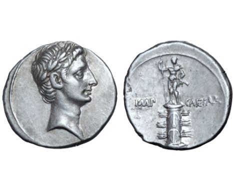 Octavian AR Denarius. Italian mint (Rome?), autumn 30 - summer 29 BC. Laureate head right / Rostral column ornamented with tw