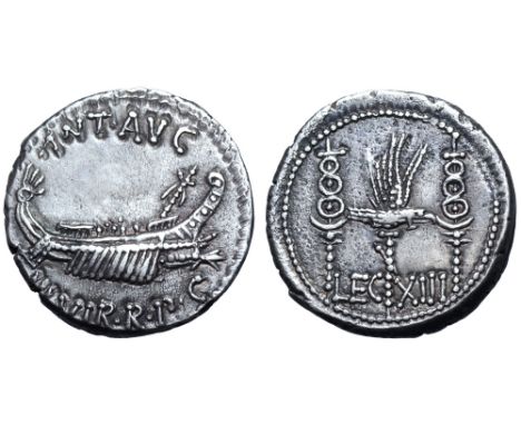 Marc Antony Legionary AR Denarius. Military mint moving with Antony, autumn 32 - spring 31 BC. ANT•AVG III•VIR•R•P•C, praetor