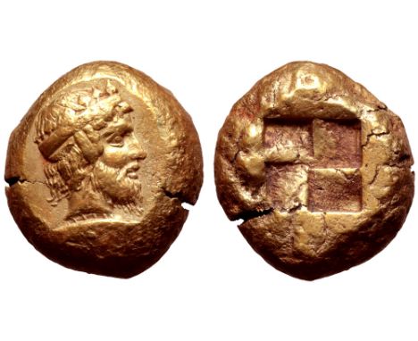 Mysia, Kyzikos EL Stater. Circa 450-330 BC. Archaistic head of Dionysos to right, wearing diadem and ivy wreath; tunny fish b