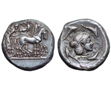 Sicily, Syracuse AR Tetradrachm. Deinomenid Tyranny. Time of Hieron I, circa 475-470 BC. Charioteer, holding kentron and rein