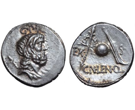 Cn. Lentulus AR Denarius. Spanish (?) mint, 76-75 BC. Diademed and draped bust of Genius Populi Romani right, with sceptre ov