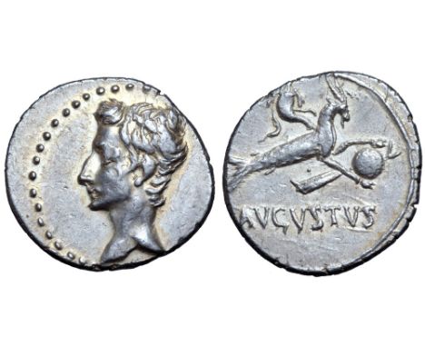 Augustus AR Denarius. Spanish mint (Colonia Patricia?), July 18-17/16 BC. Bare head left / Capricorn right, holding globe att