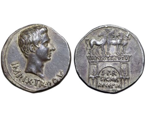 Augustus AR Cistophoric Tetradrachm of Pergamum, Mysia. Circa 19-18 BC. IMP•IX•TR•PO•V•, bare head right / Triumphal Arch of 