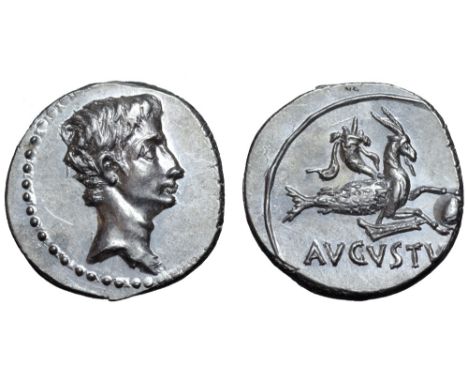 Augustus AR Denarius. Spanish mint (Colonia Patricia?), July 18-17/16 BC. Bare head right / Capricorn right, holding globe at