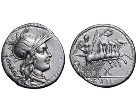 M. Tullius AR Denarius. Rome, 119 BC. Helmeted head of Roma right; ROMA behind / Victory in quadriga right, holding reins and
