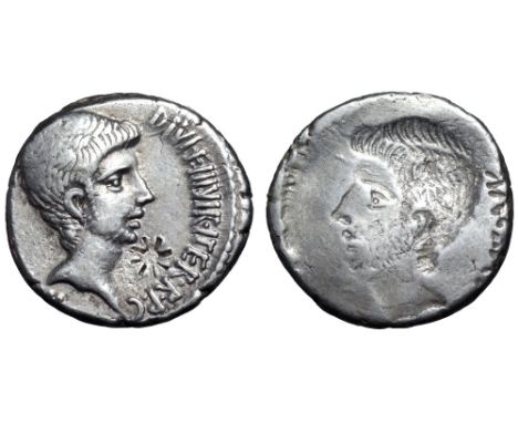 Octavian AR Brockage Denarius. Southern or central Italian mint, summer 37 BC. Bare head right, with slight beard; IMP•CAESAR