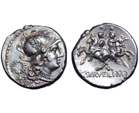 C. Servilius M. f. AR Denarius. Rome, 136 BC. Helmeted head of Roma right; wreath above XVI monogram behind, R[OMA] below / T
