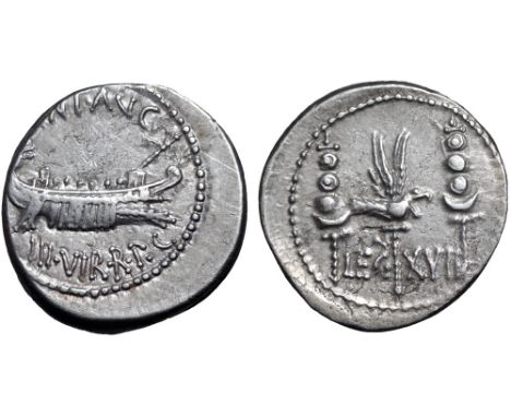 Marc Antony Legionary AR Denarius. Military mint moving with Antony, autumn 32 - spring 31 BC. ANT•AVG III•VIR•R•P•C, praetor