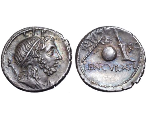 Cn. Lentulus AR Denarius. Spanish (?) mint, 76-75 BC. Diademed and draped bust of Genius Populi Romani right, with sceptre ov