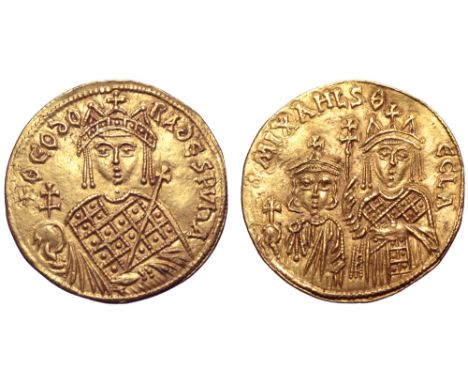 Michael III, with Theodora and Thecla, AV Solidus. Constantinople, AD 842-850. +ΘEOdORA dESPVn’ A, facing bust of Theodora, w