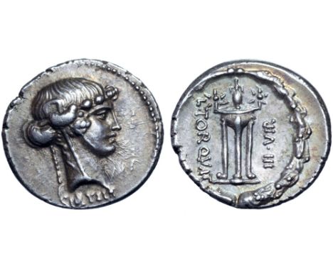 L. Manlius Torquatus AR Denarius. Rome, 65 BC. Ivy-wreathed head of Sybil right; SIBYLLA below neck truncation / Tripod, on w