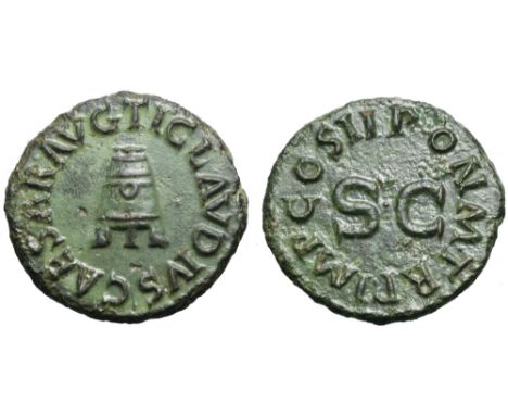 Claudius Æ Quadrans. Rome, AD 42. TI CLAVDIVS CAESAR AVG around modius on three legs / PON M TR P PP IMP COS II around large 