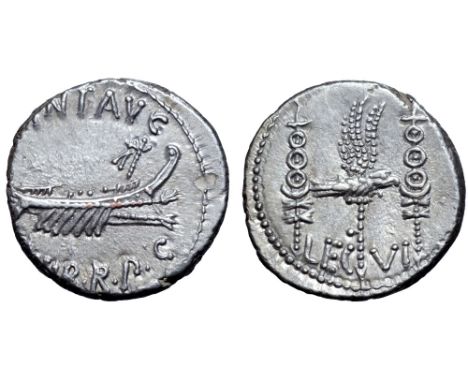 Marc Antony Legionary AR Denarius. Military mint moving with Antony, autumn 32 - spring 31 BC. ANT•AVG III•VIR•R•P•C, praetor