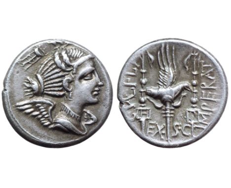 C. Valerius Flaccus AR Denarius. Massalia, 82 BC. Draped and winged bust of Victory right; tripod behind / Legionary eagle be