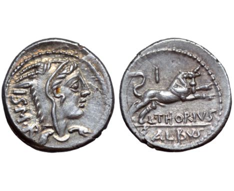 L. Thorius Balbus AR Denarius. Rome, 105 BC. Head of Juno Sospita right, wearing goat skin headdress; I•S•M•R. behind / Bull 