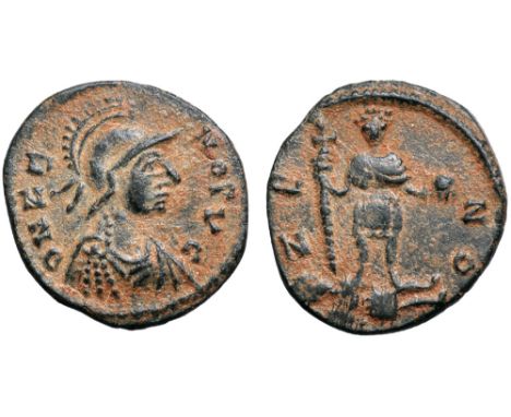 Zeno Æ Nummus. Constantinople, AD 476-491. D N ZENO PVG (sic), helmeted, draped and cuirassed bust of Roma right / ZENO, the 