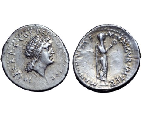 Marc Antony AR Denarius. Athens, 38 BC. Radiate bust of Sol right; III•VIR•R•P•C•COS•DESIG•ITER•ET•TERT around / Antony stand