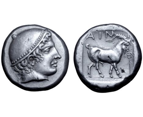 Thrace, Ainos AR Tetradrachm. Circa 412-409 BC. Head of Hermes right, wearing petasos / Goat walking right, kerykeion before,
