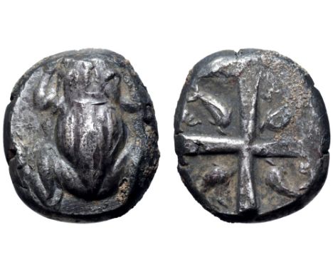 Cyclades, Seriphos AR Stater. Thraco-Macedonian standard. Circa 475-460 BC. Frog, as seen from above / Shallow quadripartite 