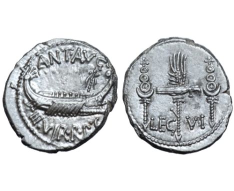 Marc Antony Legionary AR Denarius. Military mint moving with Antony, autumn 32 - spring 31 BC. ANT•AVG III•VIR•R•P•C, praetor