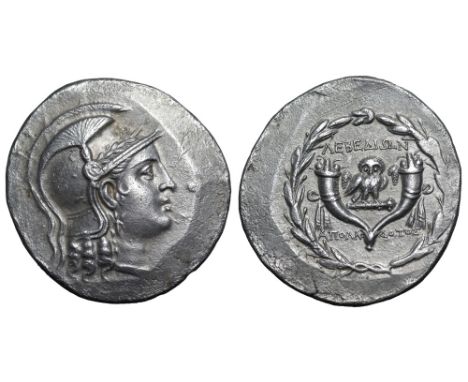 Ionia, Lebedos AR Tetradrachm. Circa 160-140 BC. Stephanophoric type. Apollodotos, magistrate. Head of Athena right, wearing 