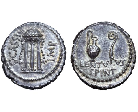 C. Cassius Longinus AR Denarius. Military mint, probably at Smyrna, 42 BC. P. Cornelius Lentulus Spinther, legate. Tripod sur