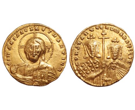 Constantine VII, with Romanus II, AV Histamenon Nomisma. Constantinople, AD 955-959. + IҺS XPS REX REGNANTIVM, facing bust of