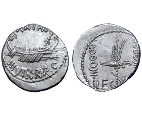 Marc Antony Legionary AR Denarius. Military mint moving with Antony, autumn 32 - spring 31 BC. ANT•AVG III•VIR•R•P•C, praetor