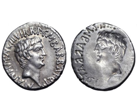 Marc Antony and Octavian AR Brockage Denarius. Military mint moving with Antony (Ephesus?), 41 BC. M. Barbatius Pollio, quaes