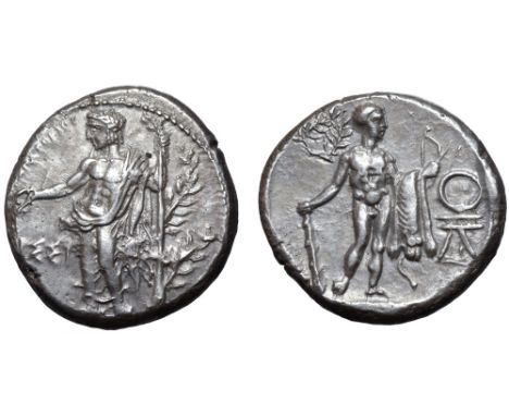 Cilicia, Issos AR Stater. Circa 385-380 BC. Obverse die signed by Apatorios. Apollo standing facing, head left, holding pater