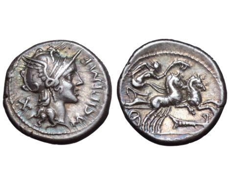 M. Cipius AR Denarius. Rome, 115-114 BC. Helmeted head of Roma right; M•CIPI•M•F before, X behind / Victory driving galloping