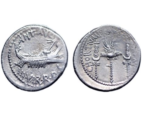 Marc Antony Legionary AR Denarius. Military mint moving with Antony, autumn 32 - spring 31 BC. ANT•AVG III•VIR•R•P•C, praetor