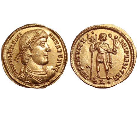 Valentinian I AV Solidus. Treveri, AD 364-367. D N VALENTINIANVS P F AVG, pearl-diademed, draped and cuirassed bust right / R