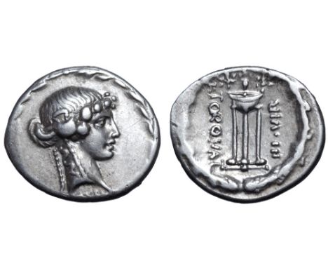 L. Manlius Torquatus AR Denarius. Rome, 65 BC. Ivy-wreathed head of Sybil right; [SIBYLLA below neck truncation] / Tripod, on