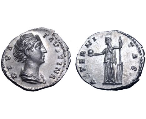 Diva Faustina I AR Denarius. Struck under Antoninus Pius. Rome, AD 141. DIVA FAVSTINA , draped bust right / AETERNITAS, Fortu