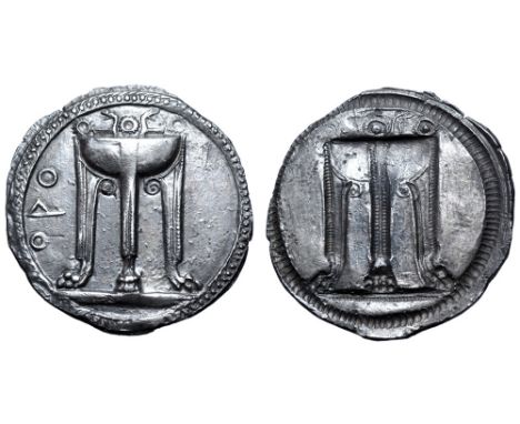 Bruttium, Kroton AR Stater. Circa 530-500 BC. Tripod, legs terminating in lion's paws, with ornaments on and serpents rising 