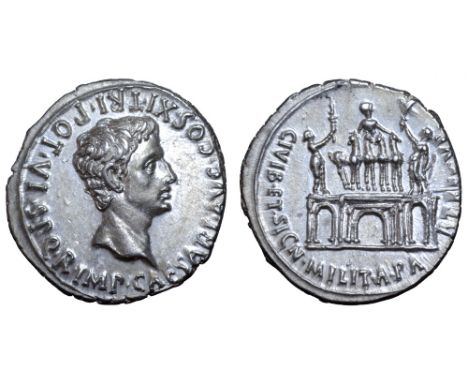 Augustus AR Denarius. Spanish mint (Colonia Patricia?), July 18-17/16 BC. S•P•Q•R•IMP•CAESARI•AVG•COS•XI•TR•POT•VI, bare head