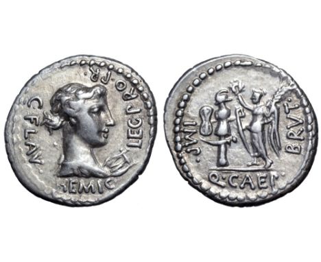 Q. Servilius Caepio (M. Junius) Brutus AR Denarius. Military mint moving with Brutus in Lycia, 42 BC. C. Flavius Hemicullus(?