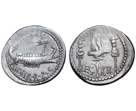 Marc Antony Legionary AR Denarius. Military mint moving with Antony, autumn 32 - spring 31 BC. ANT•AVG III•VIR•R•P•C, praetor