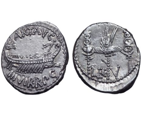 Marc Antony Legionary AR Denarius. Military mint moving with Antony, autumn 32 - spring 31 BC. ANT•AVG III•VIR•R•P•C, praetor
