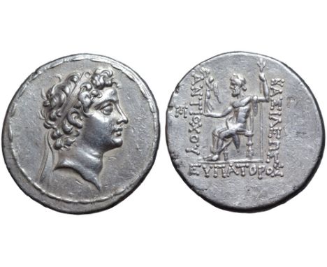 Seleukid Empire, Antiochos V Eupator AR Tetradrachm. Antioch, circa 164-162 BC. Diademed head right / BAΣIΛEΩΣ ANTIOXOY EYΠAT