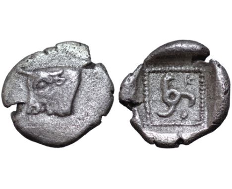 Dynasts of Lykia, Kuprilli AR Obol. Circa 460-440 BC. Head of bull left / Triskeles; K in upper right field. Unpublished in t
