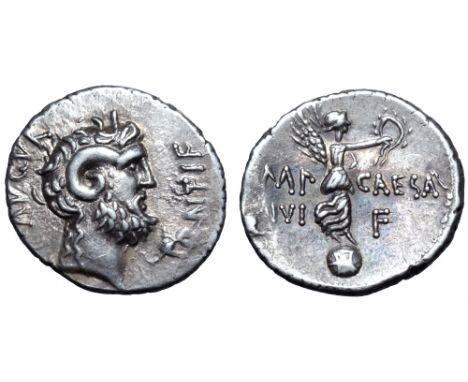 Octavian AR Denarius. Cyrene, autumn 31 BC. L. Pinarius Scarpus, Imperator. Head of Jupiter Ammon right; AVGVR upwards to lef