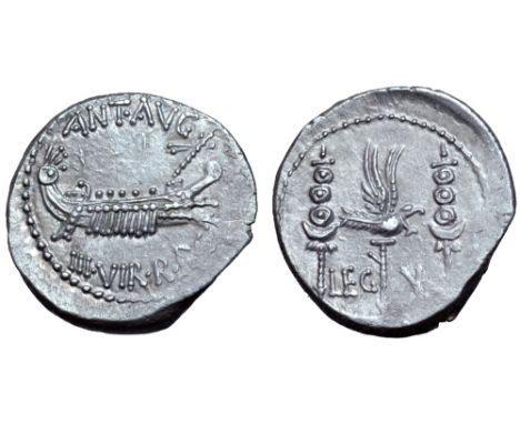 Marc Antony Legionary AR Denarius. Military mint moving with Antony, autumn 32 - spring 31 BC. ANT•AVG III•VIR•R•P•C, praetor
